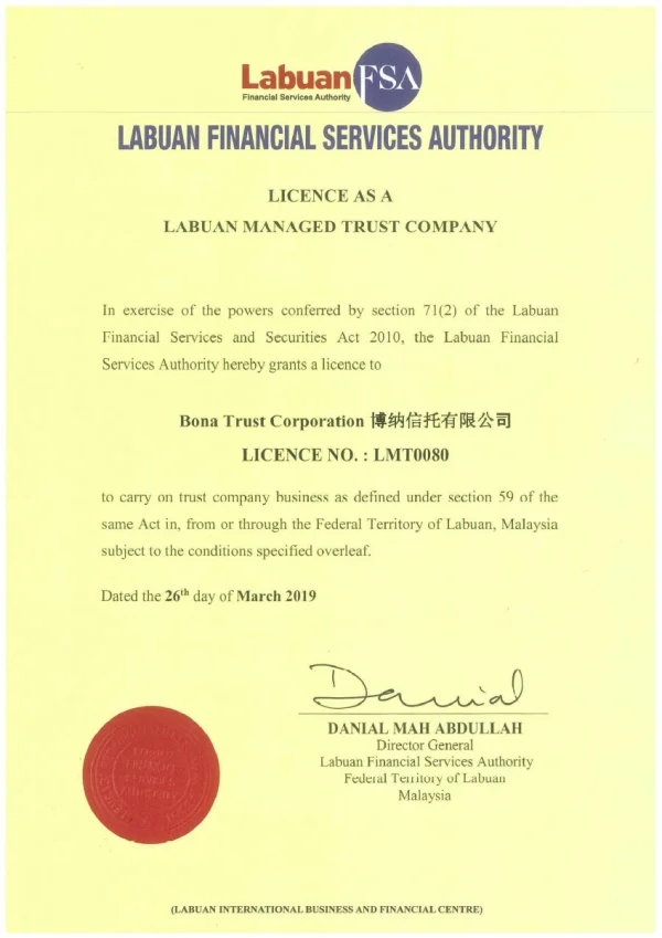 Bona Trust Corporation — Labuan Managed Trust Company — LMT0080