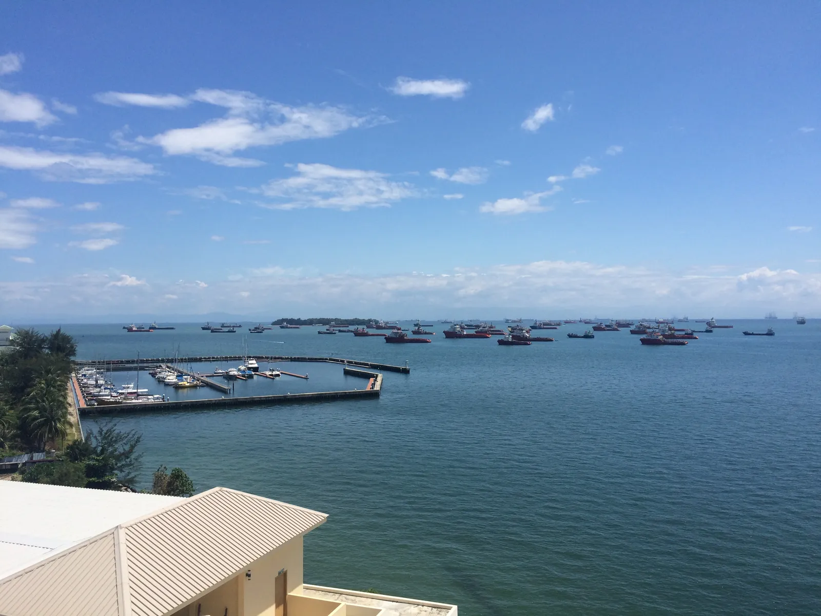 Ships anchored offshore and a view of the harbour